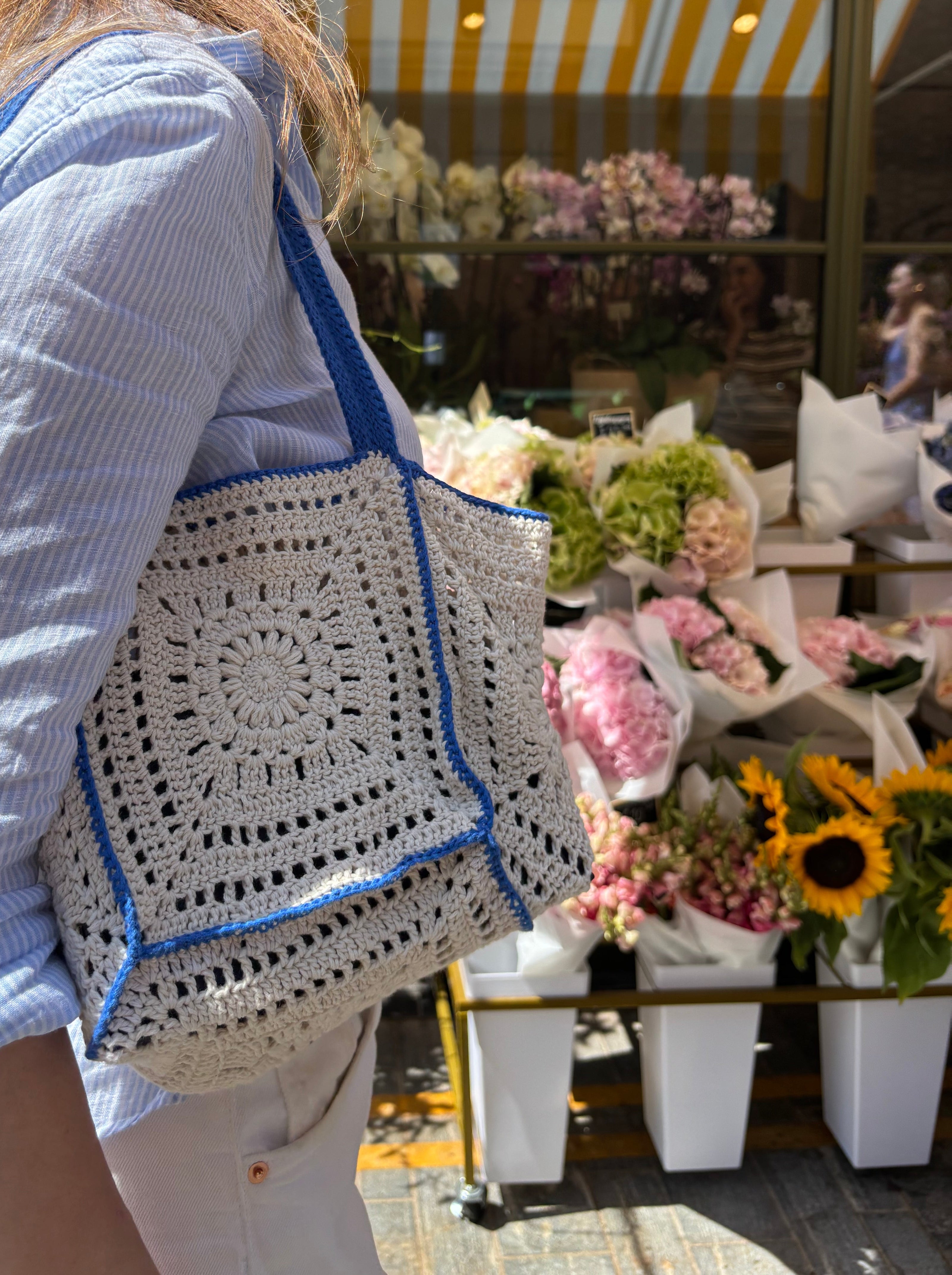 Crochet Hand Bag White & Cobalt 100% Organic Cotton The Wildest Fig