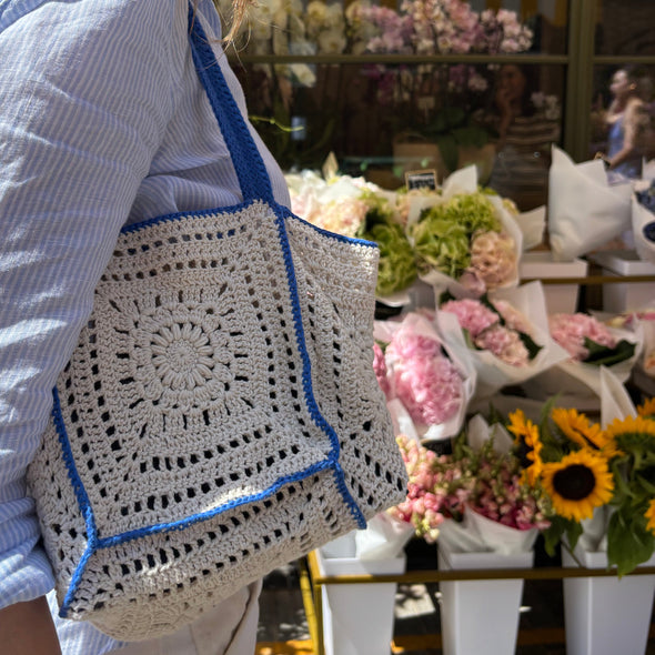 Crochet Hand Bag White & Cobalt 100% Organic Cotton The Wildest Fig