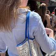 Crochet Hand Bag White & Cobalt 100% Organic Cotton The Wildest Fig