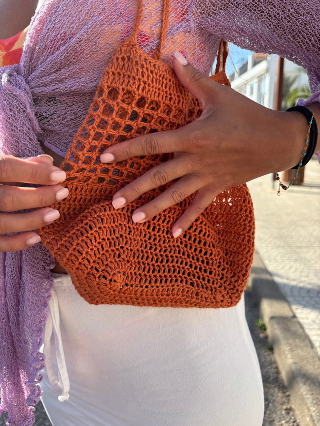 Crochet Bucket Bag Burnt Terracota 100% Linen The Wildest Fig