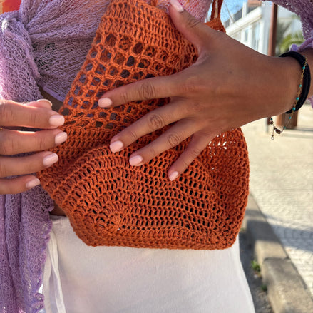 Crochet Bucket Bag Burnt Terracota 100% Linen The Wildest Fig