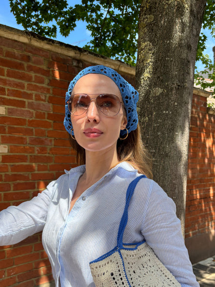 Crochet Bandana Ocean Blue 100% Silk The Wildest Fig