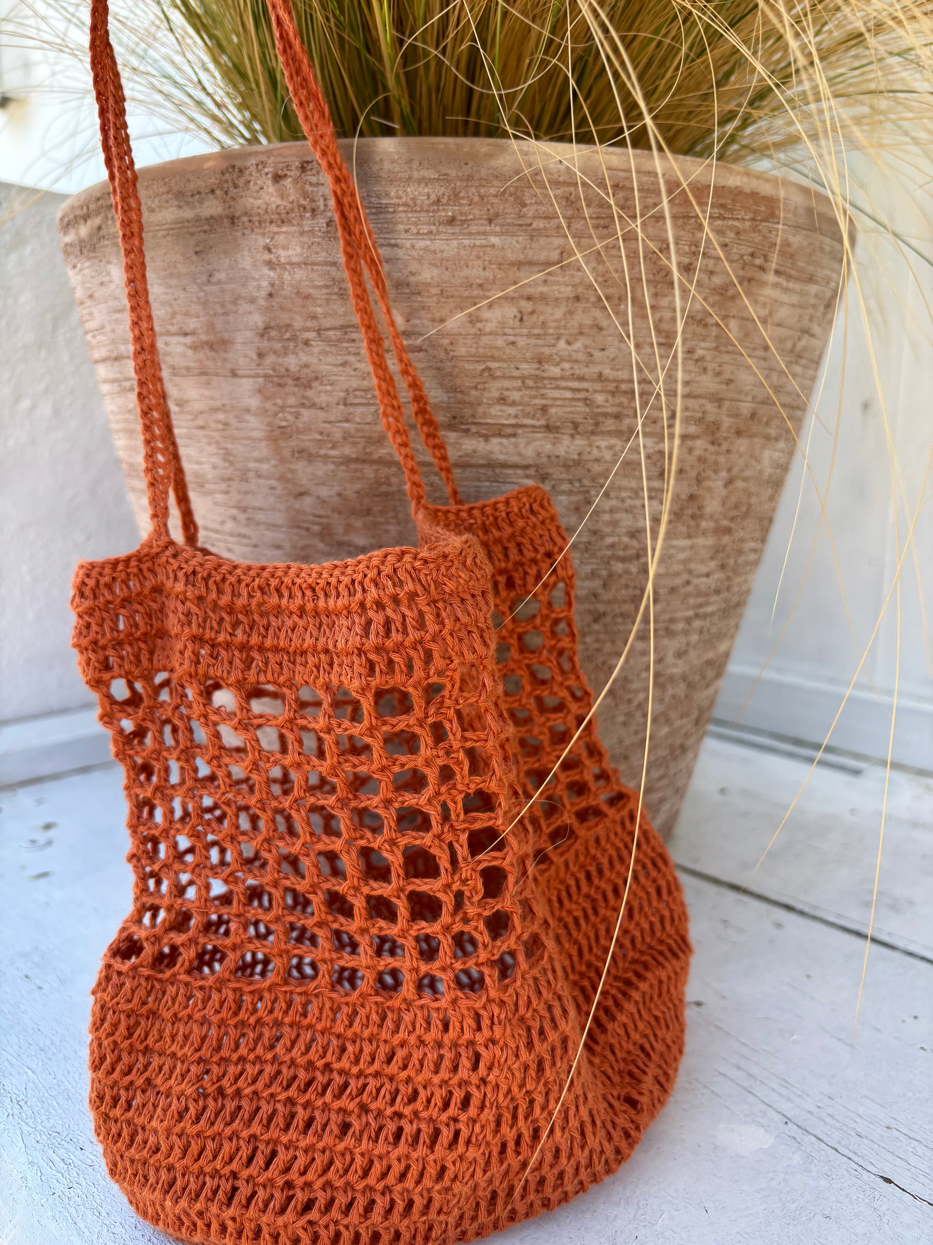 Crochet Bucket Bag Burnt Terracota 100% Linen The Wildest Fig