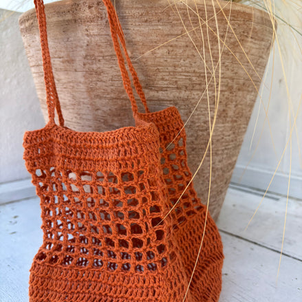 Crochet Bucket Bag Burnt Terracota 100% Linen The Wildest Fig