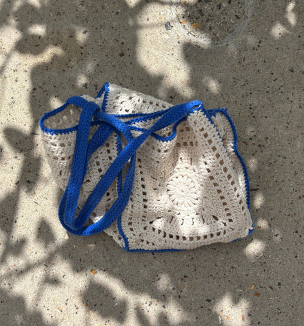 Crochet Hand Bag White & Cobalt 100% Organic Cotton The Wildest Fig