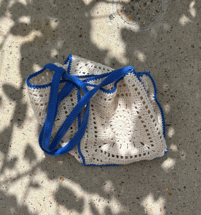 Crochet Hand Bag White & Cobalt 100% Organic Cotton The Wildest Fig