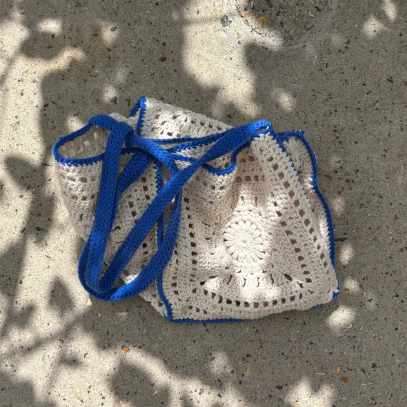 Crochet Hand Bag White & Cobalt 100% Organic Cotton The Wildest Fig