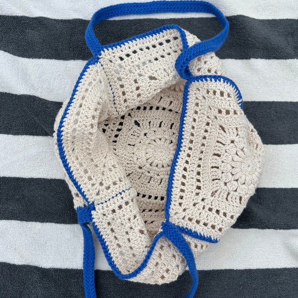 Crochet Hand Bag White & Cobalt 100% Organic Cotton The Wildest Fig